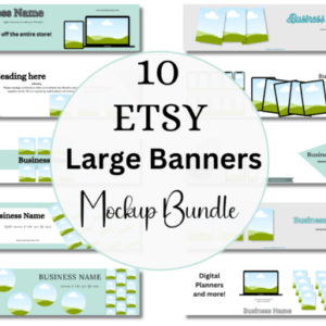 10 Large Etsy Banner Mockup Canva Templates with PLR – Editable Minimalist Green Designs