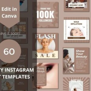 Editable Beauty Social Media Canva Templates – 60 Designs with PLR