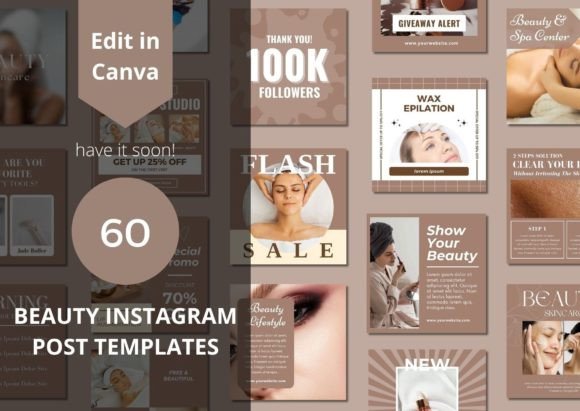 Editable Beauty Social Media Canva Templates – 60 Designs with PLR