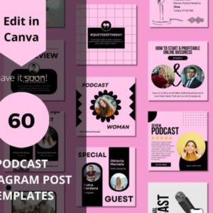 Editable Podcast Social Media Canva Templates – 60 Designs with PLR
