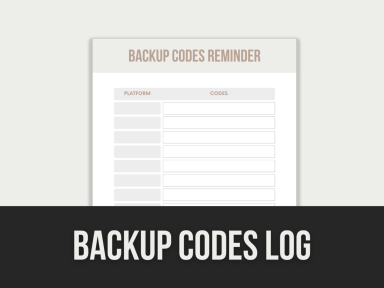 Backup Codes Log – Editable Canva Template with PLR Rights