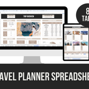 Travel Planner Spreadsheet – 8 Editable Tabs with PLR Rights