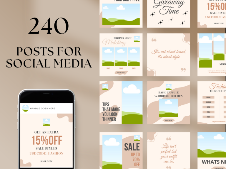 Editable Elegant Fashion Social Media Templates – 240 Designs with PLR