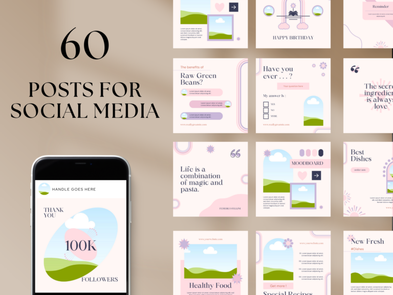 Editable Food Blogger Social Media Templates – 60 Designs with PLR