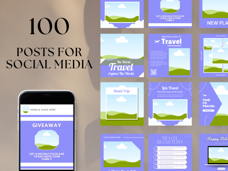 Editable Travel Social Media Canva Templates – 100 Designs with PLR