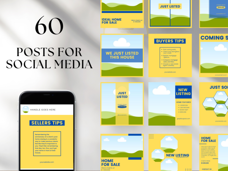 Editable Real Estate Social Media Canva Templates – 60 Designs with PLR