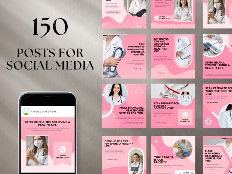 Editable Healthcare Social Media Canva Templates Bundle – 150 Designs with PLR