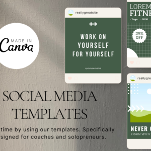 Editable Fitness Social Media Canva Templates – 60 Designs with PLR