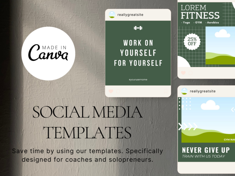 Editable Fitness Social Media Canva Templates – 60 Designs with PLR