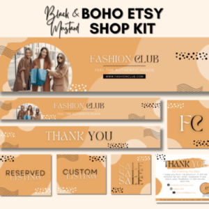Black and Mustard Boho Etsy Shop Kit Templates with PLR – Editable Canva Designs for Professional Store Branding