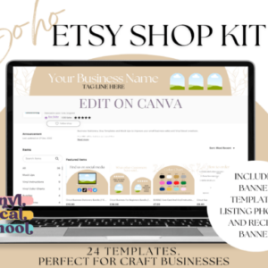 Boho Editable Etsy Shop Kit Canva Templates with PLR – Neutral Boho-Style Branding