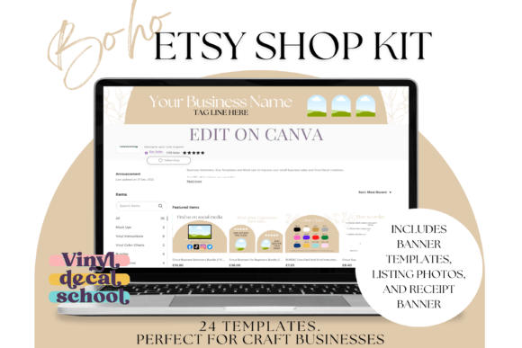 Boho Editable Etsy Shop Kit Canva Templates with PLR – Neutral Boho-Style Branding