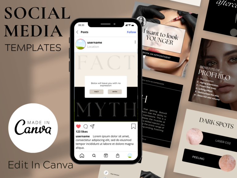 Botox and Fillers Instagram Bundle – 100 Editable Canva Templates with PLR Rights