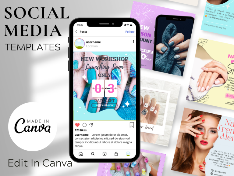 30 Nail Art Studio Social Media Posts – Pastel-Themed Editable Canva Templates with PLR Rights