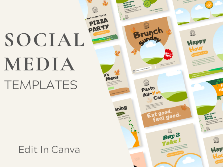 Editable Restaurant Social Media Canva Templates – 60 Designs with PLR