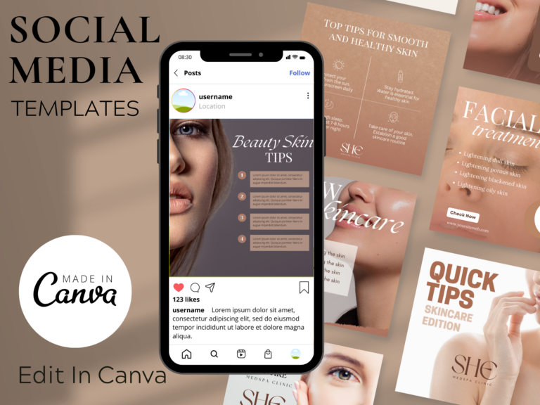 Editable Skincare Social Media Canva Templates – 60 Designs with PLR