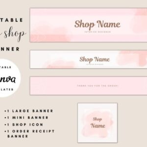Elegant Soft Pink Etsy Shop Banner Templates with PLR – Editable Canva Designs for Store Branding
