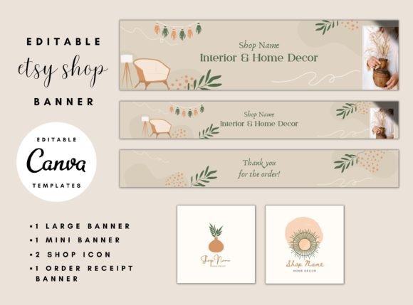 Home Décor Etsy Brand Kit Templates with PLR – Editable Canva Designs for Professional Store Branding