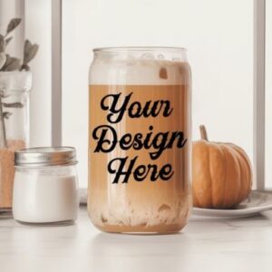 Fall Libbey 16oz Can Glass Mockup with PLR – Editable Canva Template for Seasonal Designs