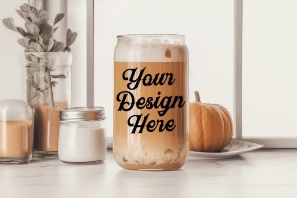 Fall Libbey 16oz Can Glass Mockup with PLR – Editable Canva Template for Seasonal Designs