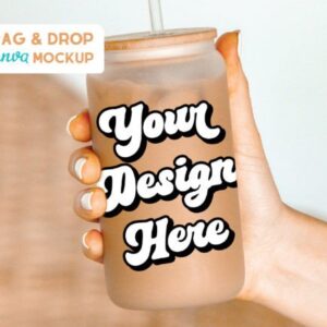 Frosted 16oz Can Glass Mockup with PLR – Editable Canva Template for Cup Businesses