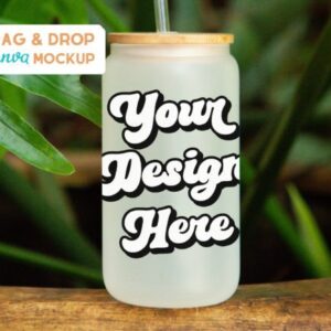 Frosted Can Glass Canva Mockup Template with PLR – Editable Jungle Design for Cup Businesses