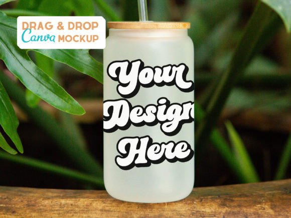 Frosted Can Glass Canva Mockup Template with PLR – Editable Jungle Design for Cup Businesses