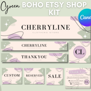 Green Boho Etsy Shop Kit Templates with PLR – Editable Canva Designs for Store Branding