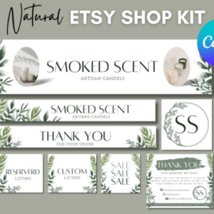Natural Etsy Shop Branding Kit Canva Templates with PLR – Editable Greenery Designs for Etsy Shops