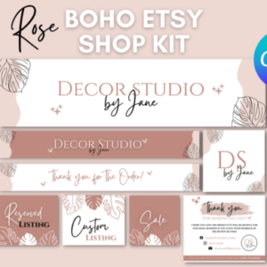 Rose Boho Etsy Shop Templates Kit Canva Templates with PLR – Editable Designs for Professional Branding