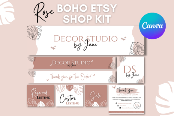 Rose Boho Etsy Shop Templates Kit Canva Templates with PLR – Editable Designs for Professional Branding