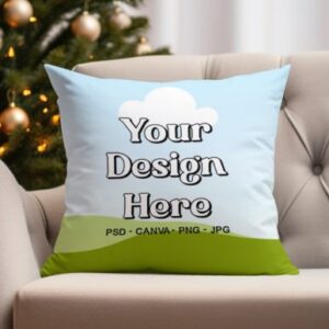 Christmas Square Pillow Mockup Canva Template with PLR – Editable for Festive Design Presentations