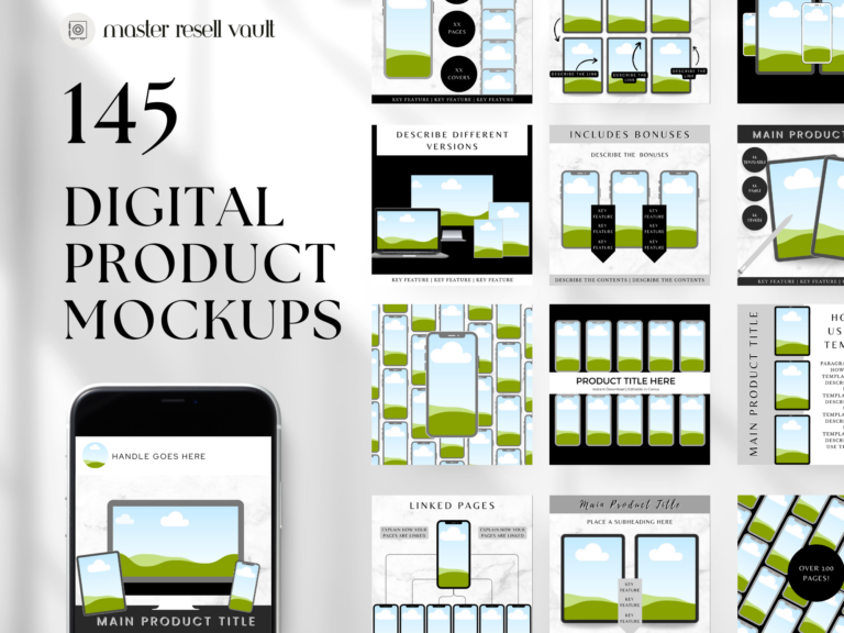 Editable Digital Product Mockups Canva Templates – 145 Designs with PLR