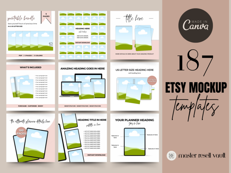 187 Etsy Listing Mockup Bundle Canva Templates with PLR – Editable Designs for Digital and Printable Products