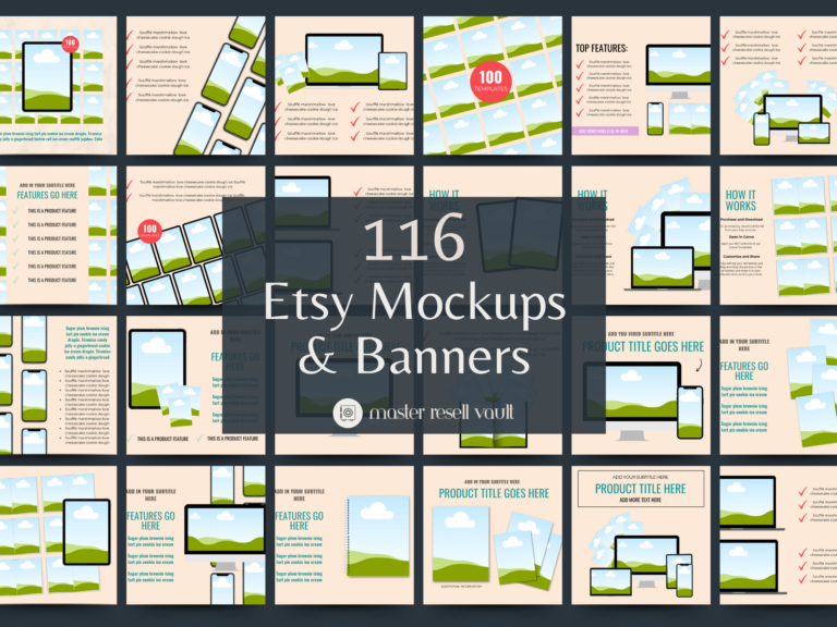 116 Etsy Listing Mockups & Banners Canva Templates with PLR – Editable Designs for Digital and Printable Products
