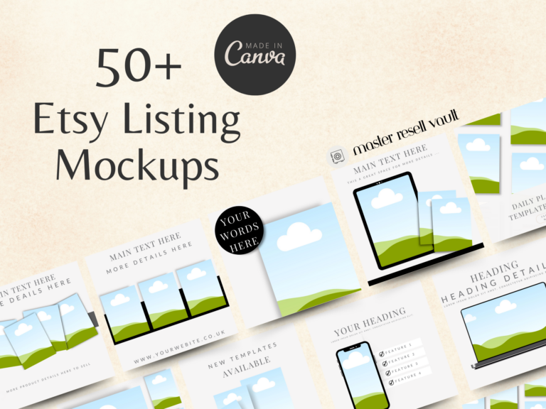 50 Etsy Digital Product Mockups Canva Templates with PLR – Editable Designs for Product Listings