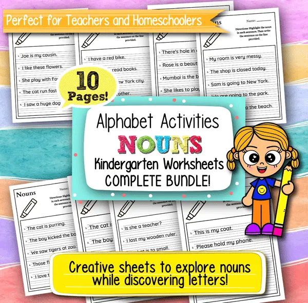 Alphabet Activities Nouns Kindergarten Worksheets – 10 Printable Pages for Early Grammar Skills