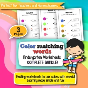 Color Matching Words Kindergarten Worksheets – 3 Printable Pages for Early Literacy