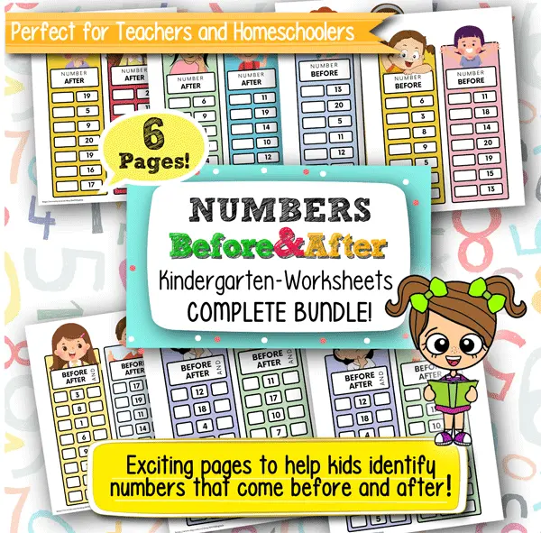 Before and After Kindergarten Numbers Worksheets – 6 Printable Pages for Early Math Learning and Number Sequencing