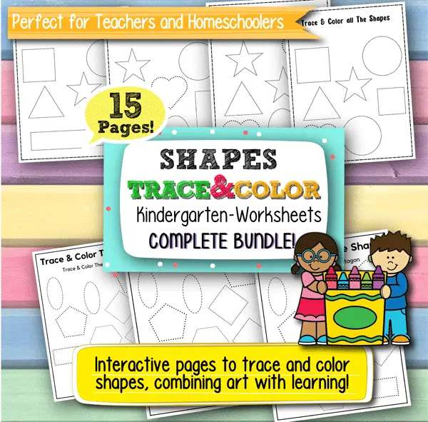 Trace and Color Shapes Worksheets for Kindergarten – 15 Printable Pages for Early Learning and Fine Motor Development