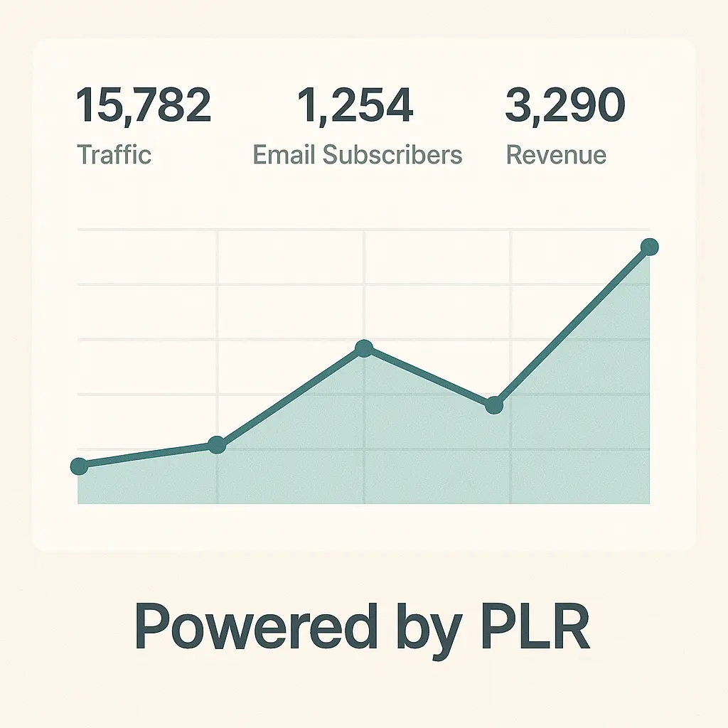 Analytics dashboard graphic showing rising traffic, email subscribers, and revenue with a line chart, labeled ‘Powered by PLR’