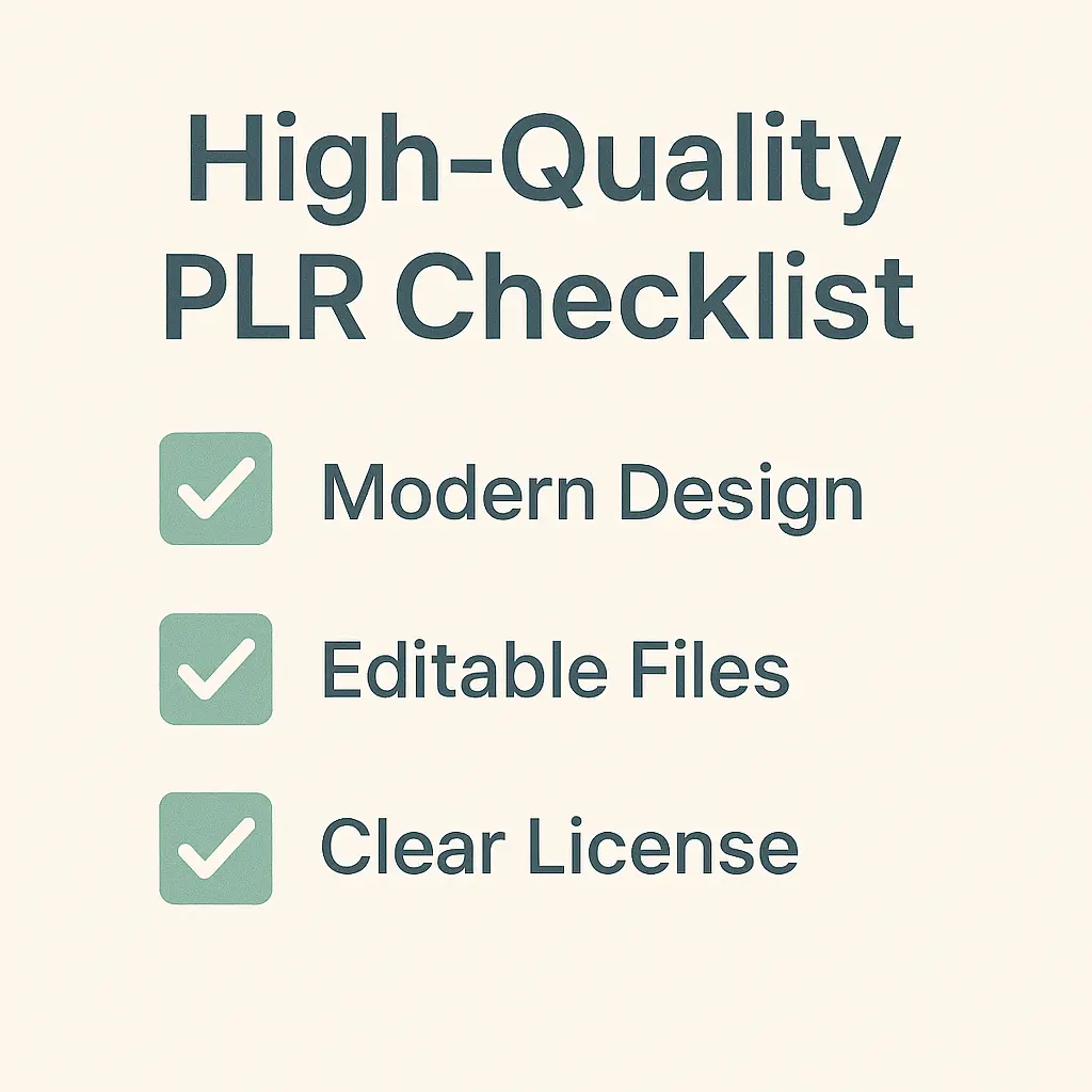 High-Quality PLR Checklist graphic with green checkmarks next to Modern Design, Editable Files, and Clear License.