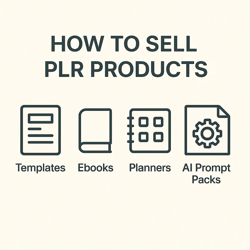 How to Sell PLR Products’ with icons representing templates, ebooks, planners, and AI prompt packs