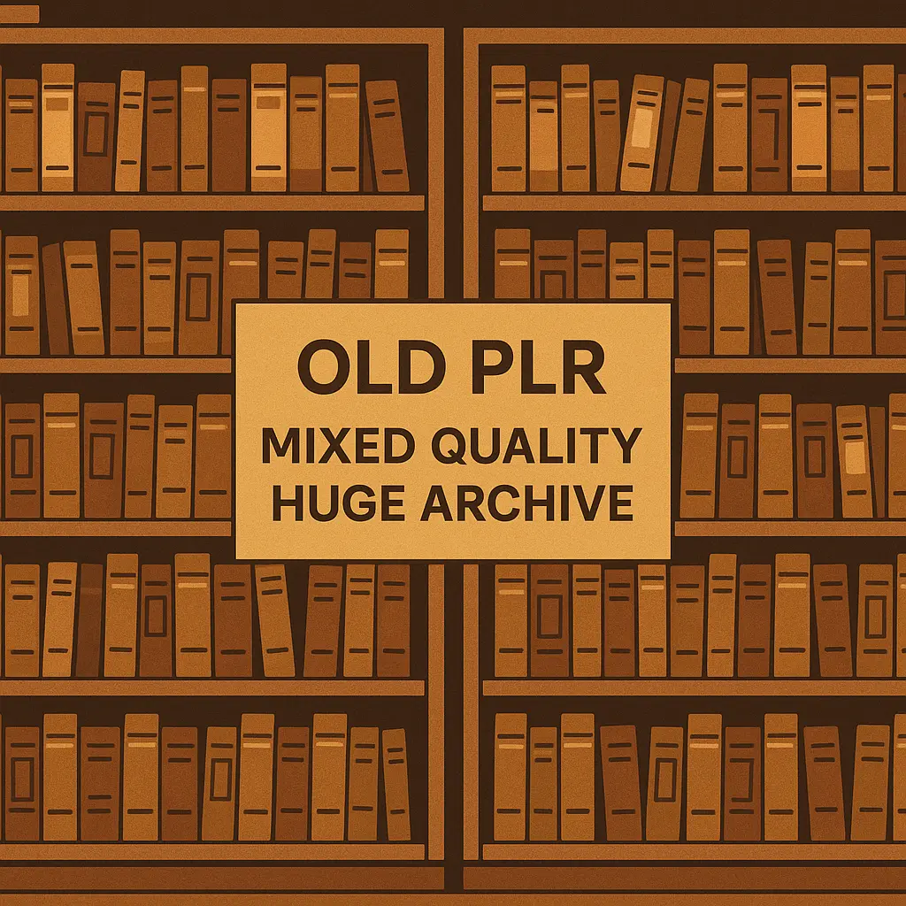 Illustration of large wooden bookshelves filled with old ebooks, with a central sign labeled ‘Old PLR – Mixed Quality – Huge Archive’ representing outdated PLR collections.”