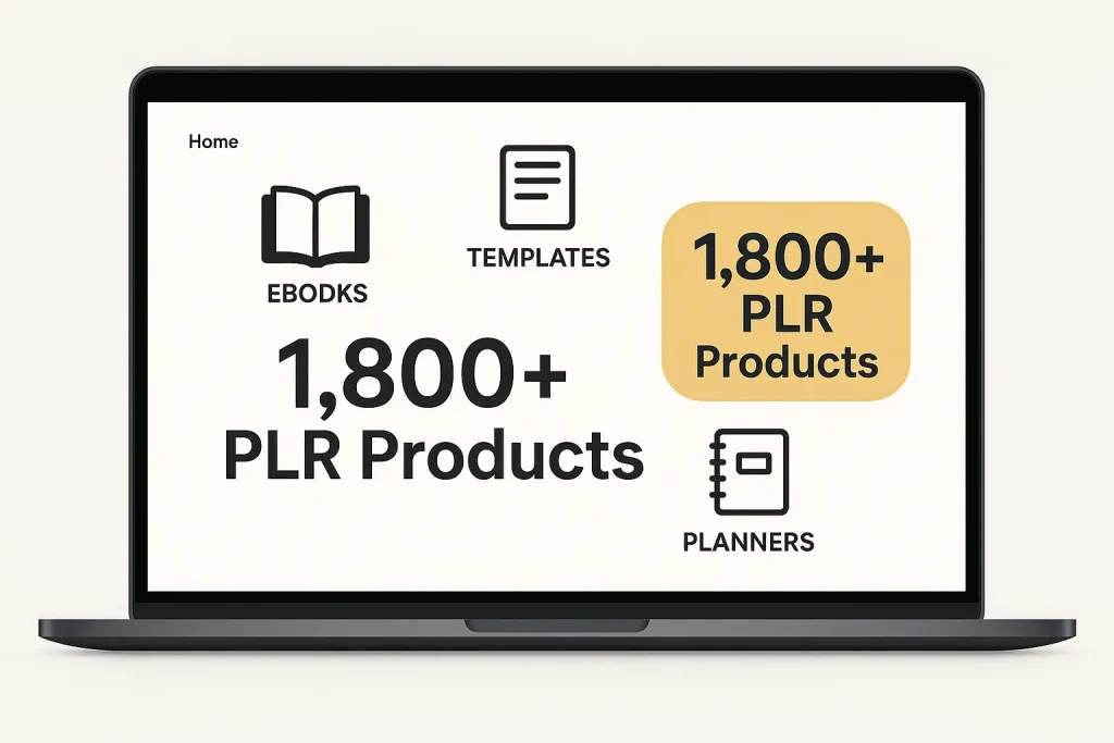 Laptop screen mockup displaying a homepage with a ‘1,800+ PLR Products’ badge, surrounded by icons for ebooks, templates, prompts, and planners.