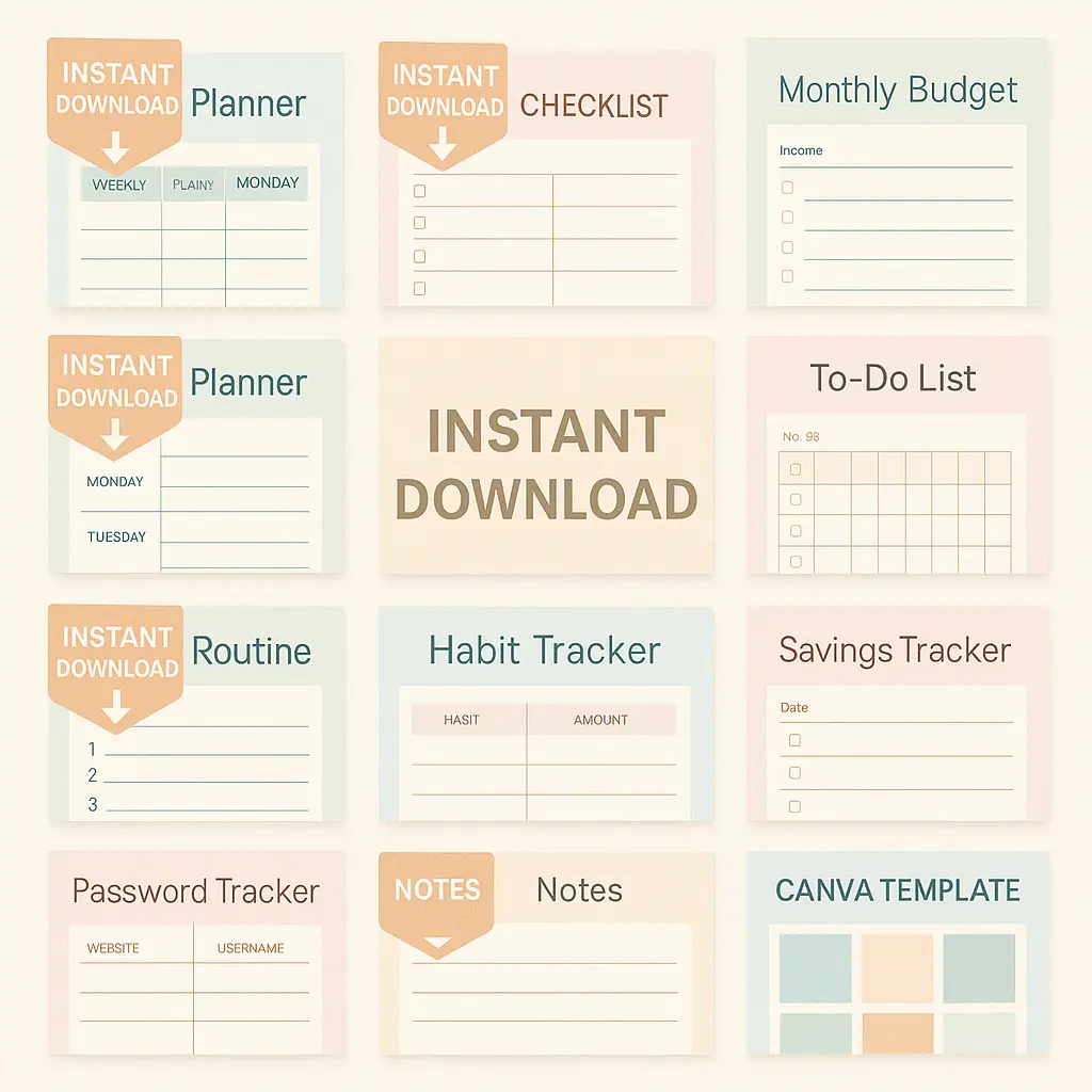 Pastel Etsy-style grid of printable planner pages, checklists, habit trackers, budgeting sheets, and Canva templates, each with ‘Instant Download’ tags.