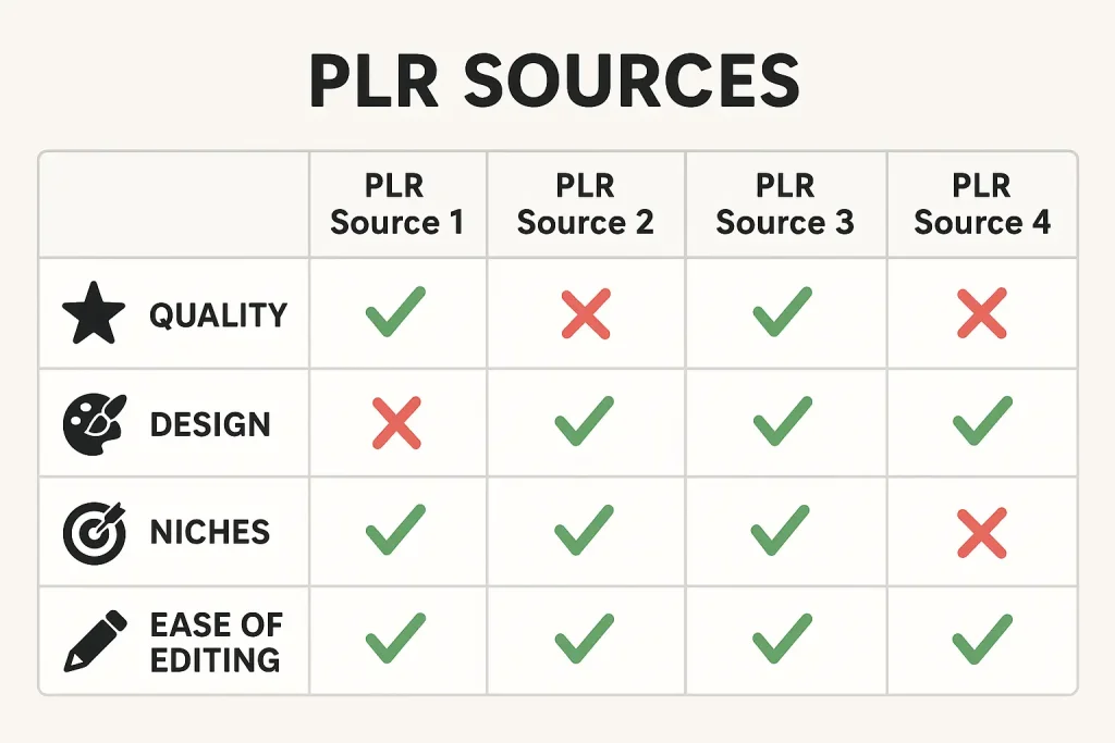 Side-by-side comparison chart of four PLR sources showing ratings for quality, design, niches, and ease of editing using icons and checkmarks