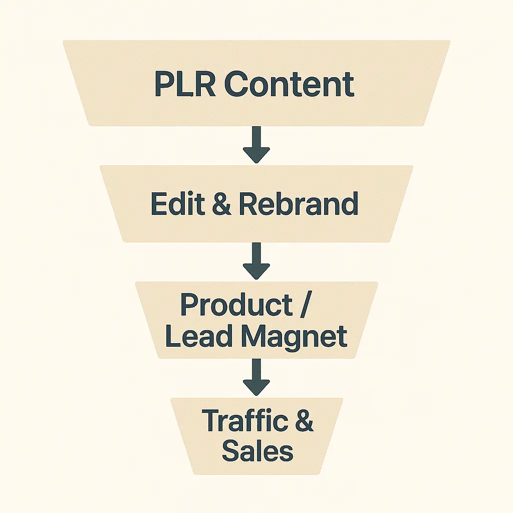 “Simple funnel diagram showing PLR Content flowing into Edit & Rebrand, then Product or Lead Magnet, and finally Traffic and Sales.”