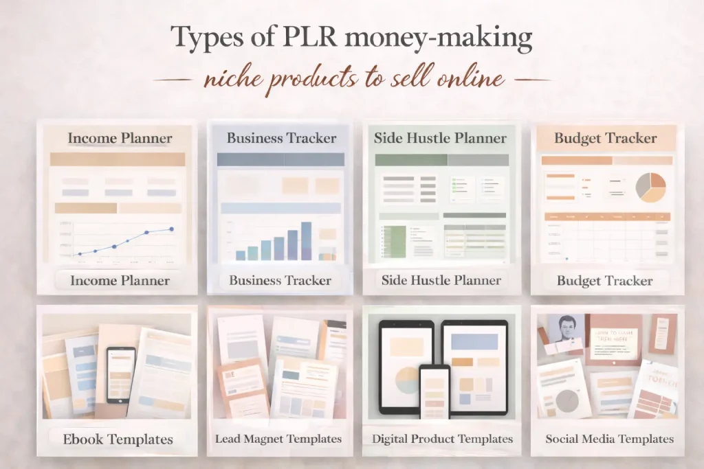 Types of PLR money-making niche products to sell online.