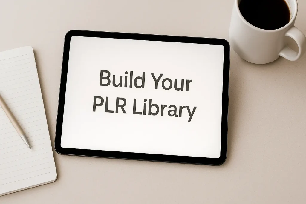 build your plr library tablet on clean workspace with coffee mug